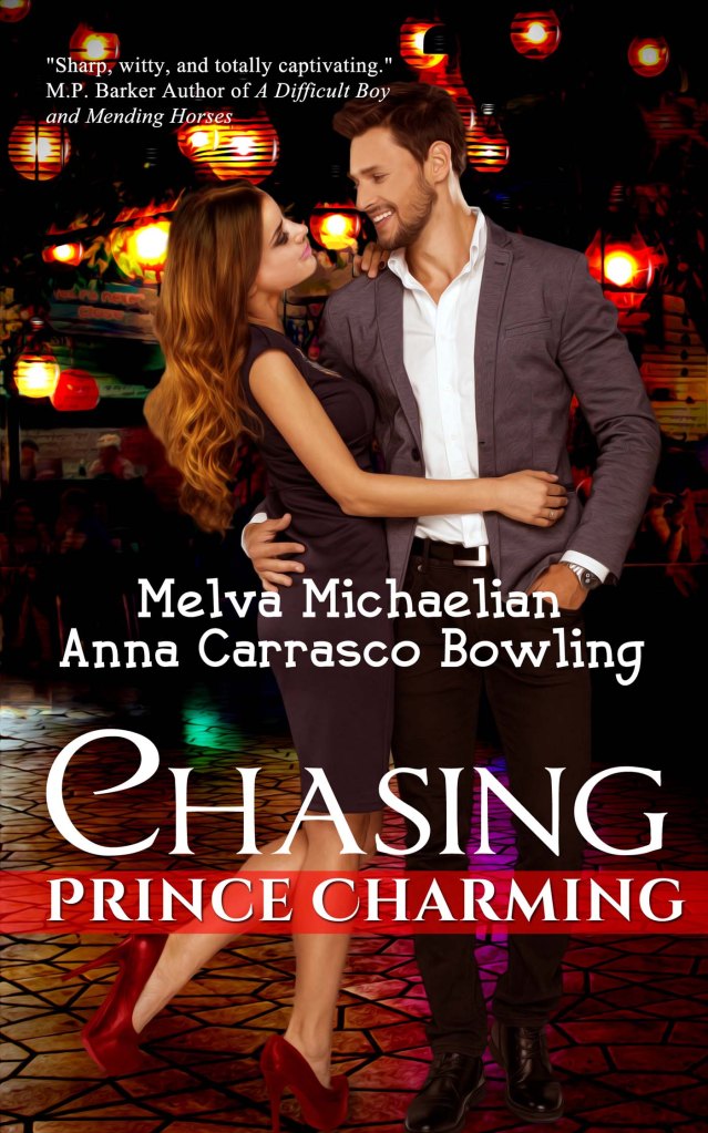 Contemporary romance novel cover. A man in business casual attire has his arm around the waist of a woman in a little black dress and red high heeled shoes. rhey look into each other's eyes and smile as lanterns glow in the backgrouns.