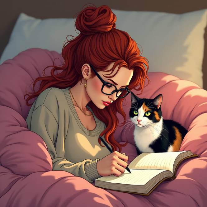 illustrated image of a redheaded woman writing in a journal as her calico cat observes.